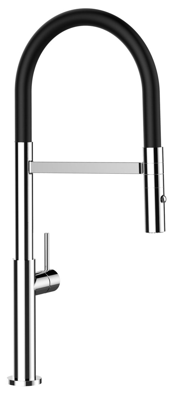 Robinet de cuisine monocommande, TC, avec bec pivotant à 360° et douchette amovible à 2 jets, chromé/noir - Version courte 48 cm