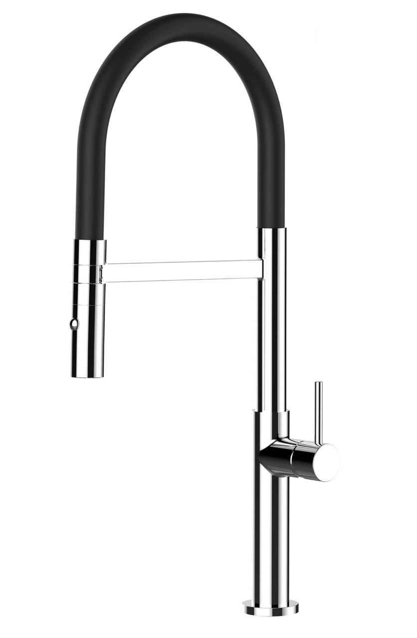 Kitchen Tap, Single lever, TC, with 360° swivel spout and 2-jets removable Spray, Chrome / Black - Short Version 48CM