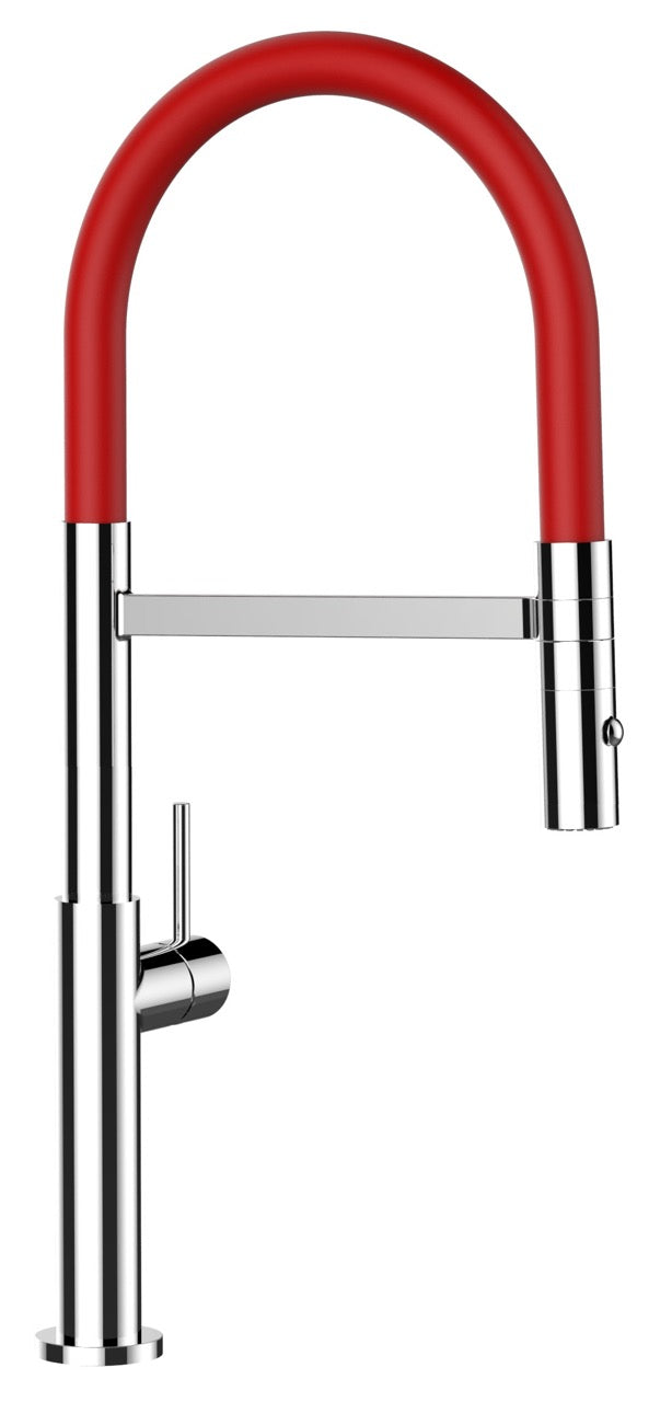 Kurzversion 48cm Minimalistischer Wasserhahn Küchenarmatur, TECNO, mit 360° schwenkbarem Auslauf, abnehmbare 2 strahl Handbrause, Verchromt / Rot