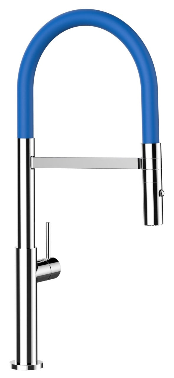 Kitchen Tap, Single lever, TC, with 360° swivel spout and 2-jets removable Spray, Chrome / Blue - Short Version 48CM