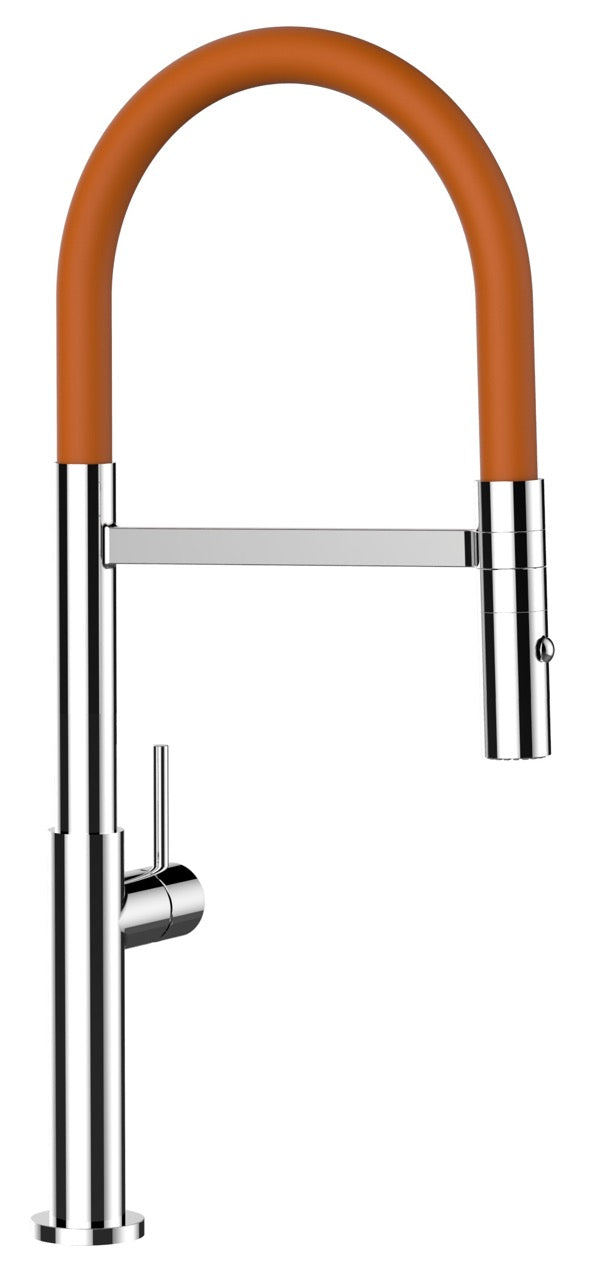 Kitchen Tap, Single lever, TC, with 360° swivel spout and 2-jets removable Spray, Chrome / Orange - Short Version 48CM