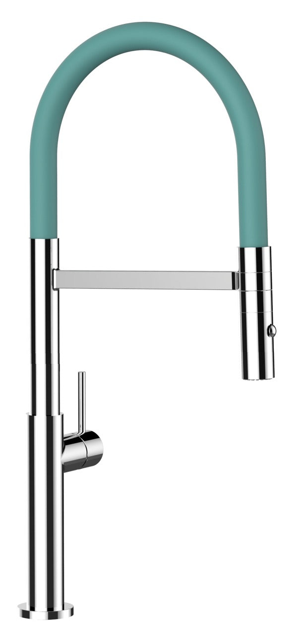 Kitchen Tap, Single lever, TC, with 360° swivel spout and 2-jets removable Spray, Chrome / Turquoise - Short Version 48CM