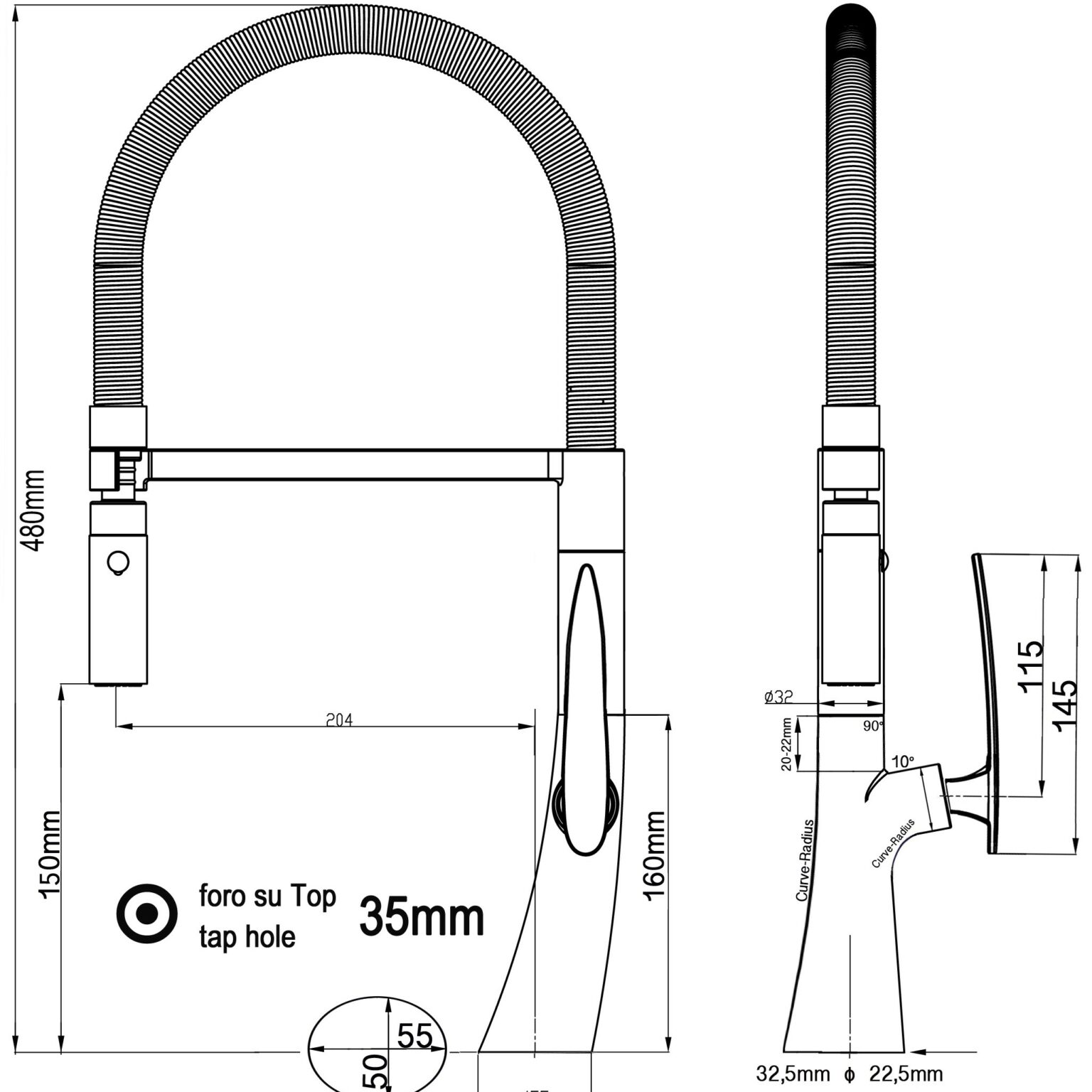 nur 48cm hoch! - Organic Design Küchenmischer mit türkis 360° schwenkbarer Auslauf und abnehmbarer 2 strahl Handbrause