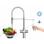 4-Wege-Wasserhahn Chrom Küchenarmatur für Trinkwasseranlagen, weiß schwenkbarer Auslauf und abnehmbarer 2-strahl-Handbrause