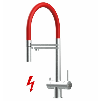 NIEDERDRUCK 3-Wege-Armatur Edelstahl Massiv, schwenkbarem Auslauf, abnehmbare 2 strahl Handbrause - Gebürstet / Rot