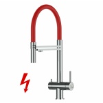 NIEDERDRUCK 3-Wege-Armatur Edelstahl Massiv, schwenkbarem Auslauf, abnehmbare 2 strahl Handbrause - Hochglanz / Rot