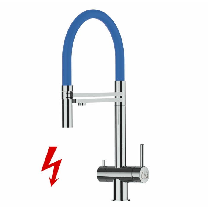 NIEDERDRUCK 3-Wege-Armatur Edelstahl Massiv, schwenkbarem Auslauf, abnehmbare 2 strahl Handbrause - Hochglanz / Blau