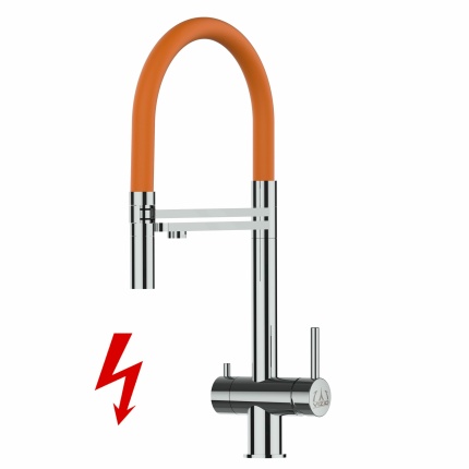 NIEDERDRUCK 3-Wege-Armatur Edelstahl Massiv, schwenkbarem Auslauf, abnehmbare 2 strahl Handbrause - Hochglanz / Orange