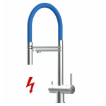 NIEDERDRUCK 3-Wege-Armatur Edelstahl Massiv, schwenkbarem Auslauf, abnehmbare 2 strahl Handbrause - Gebürstet / Blau