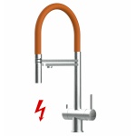 NIEDERDRUCK 3-Wege-Armatur Edelstahl Massiv, schwenkbarem Auslauf, abnehmbare 2 strahl Handbrause - Gebürstet / Orange