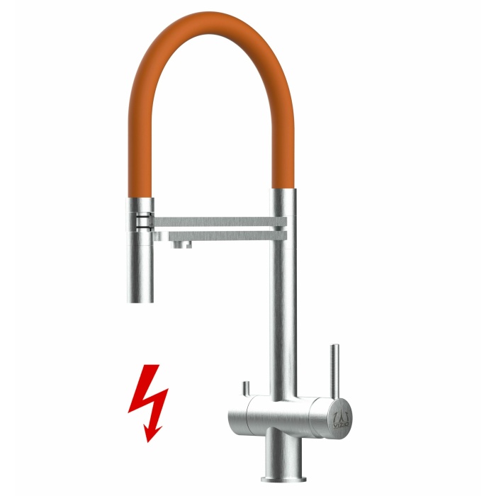 NIEDERDRUCK 3-Wege-Armatur Edelstahl Massiv, schwenkbarem Auslauf, abnehmbare 2 strahl Handbrause - Gebürstet / Orange